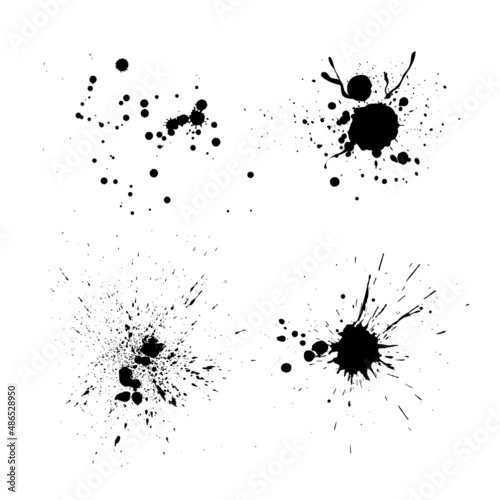 Black ink splatter isolated on white background. Vector watercolor paint brush texture. Ink splash and stain set. Grunge spray drop spatter, dirty blot splatters and splat. Abstract splash blobs
