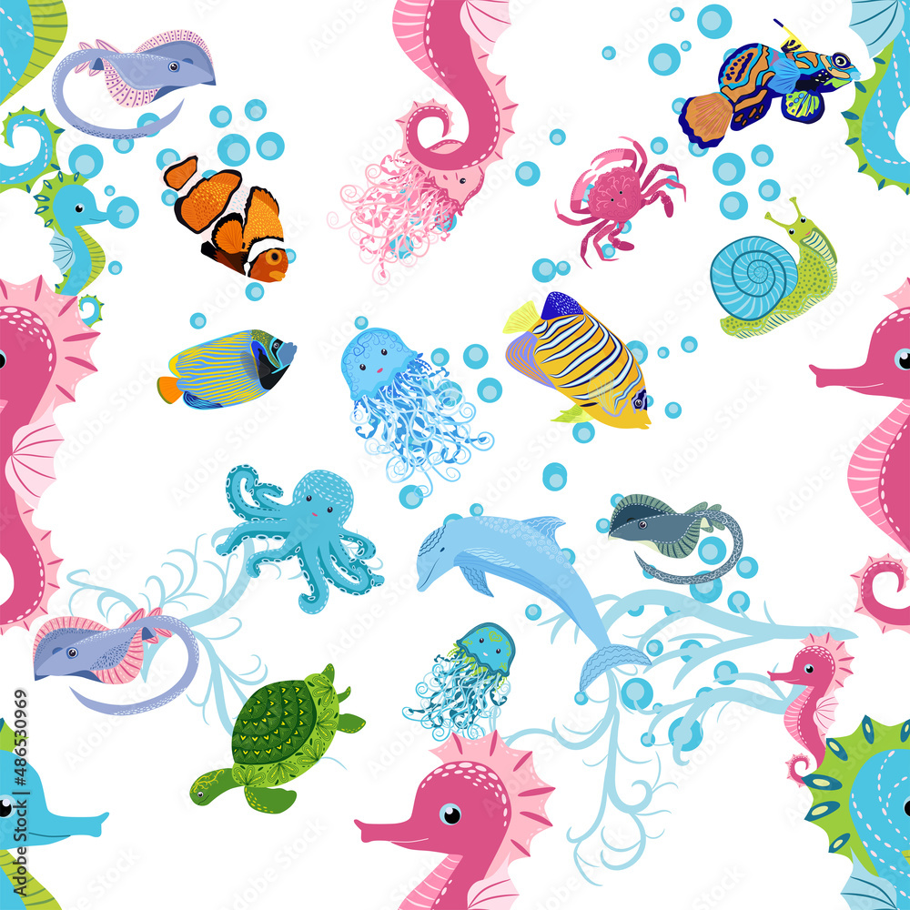 Obraz premium Marine life, fish, animals bright seamless pattern. sea travel, underwater diving animal tropical fish. Jellyfish, whale, shark, seahorse, clown fish, dolphin, turtle, emperor