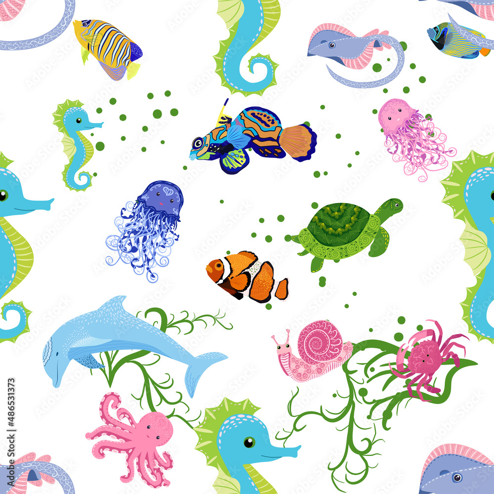 Marine life, fish, animals bright seamless pattern. sea travel, underwater diving animal tropical fish. Jellyfish, whale, shark, seahorse, clown fish, dolphin, turtle, emperor Marine life, fish, animals bright seamless pattern. sea travel, underwater diving animal tropical fish. Jellyfish, whale, shark, seahorse, clown fish, dolphin, turtle, emperor