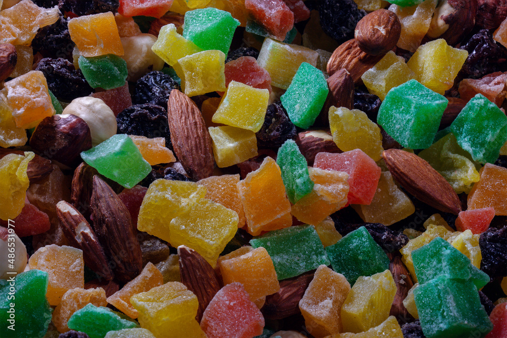 The concept of a healthy breakfast of dried fruits and nuts. Close-up of colorful veggie food snack The concept of a healthy breakfast of dried fruits and nuts. Close-up of colorful veggie food snack