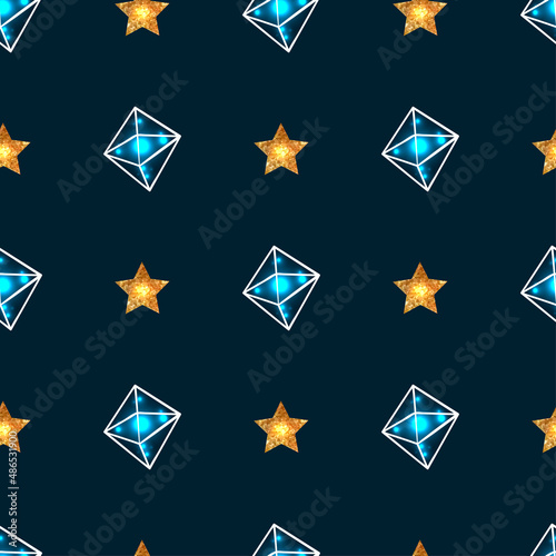 Crystal and Golden Star Crypto Pattern. Cartoon Ethereum Cryptocurrency Symbol. 