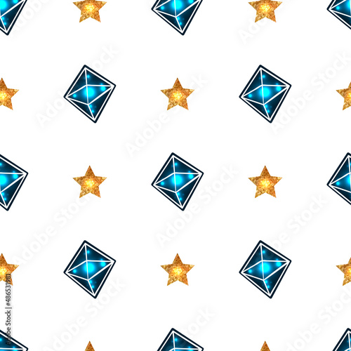 Crystal and Golden Star Crypto Pattern. Cartoon Ethereum Cryptocurrency Symbol.	