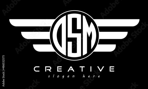 OSM three letter monogram type circle letter logo with wings vector template.