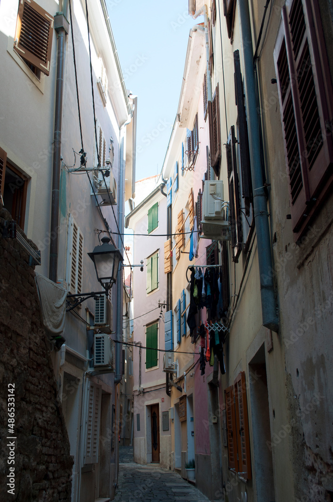 Old Alley with Colorful Houses. Piran, Slovenia