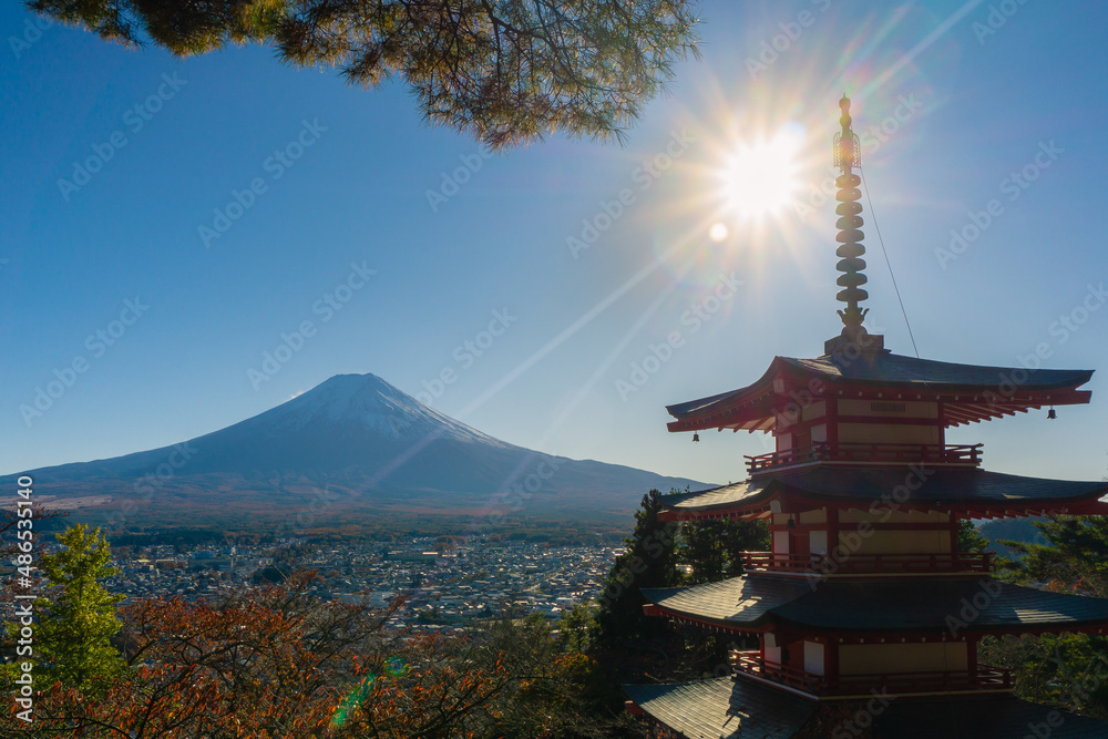 Views of Mt Fuji from the Chureito Pagoda, one of the best places from which to view this landmark. kawaguchi, Japan.
