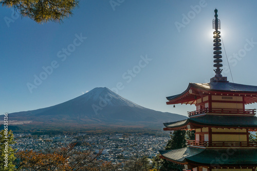 Views of Mt Fuji from the Chureito Pagoda  one of the best places from which to view this landmark. kawaguchi  Japan.