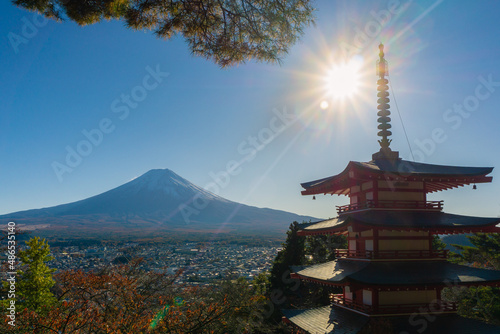 Views of Mt Fuji from the Chureito Pagoda, one of the best places from which to view this landmark. kawaguchi, Japan.