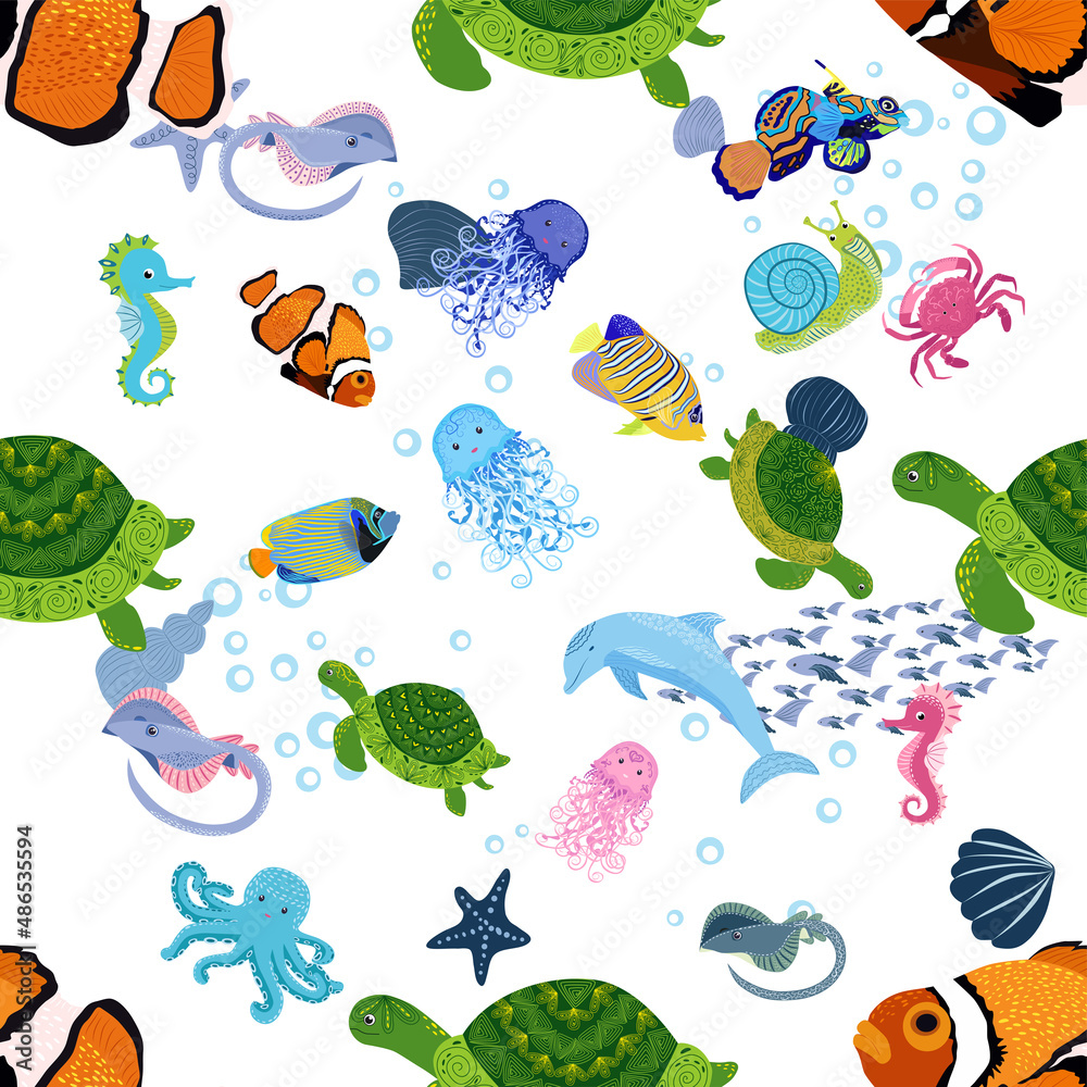 Obraz premium Marine life, fish, animals bright seamless pattern. sea travel, underwater diving animal tropical fish. Jellyfish, whale, shark, seahorse, clown fish, dolphin, turtle, emperor