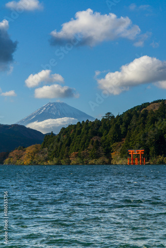 Beautiful autumn scene of Mt. Fuji from Lake Ashinoko with a red Tori gate, Hakone, Japan
