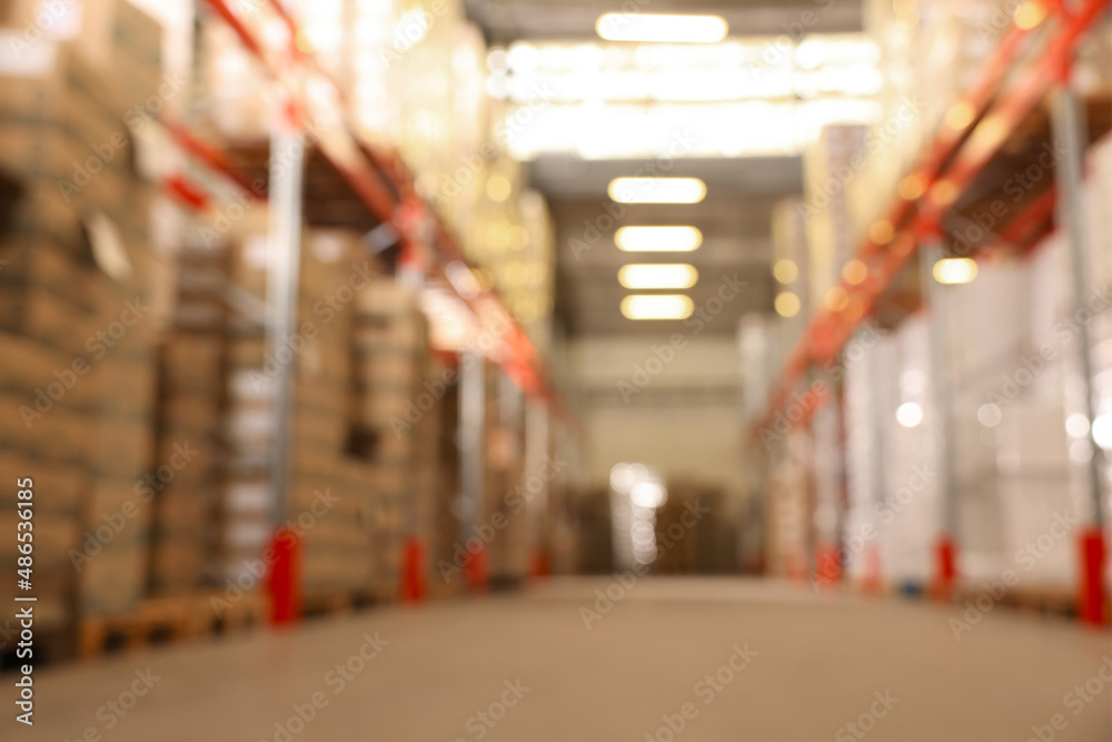 Warehouse with lots of products, blurred view. Wholesale business