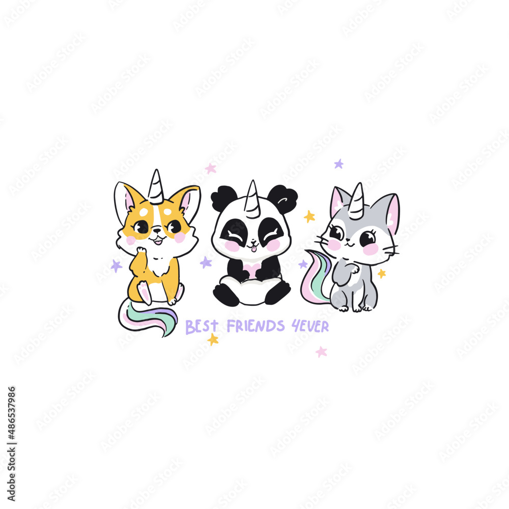Obraz premium Digital cartoon print,clipart. Cute corgi puppy,panda,cat. Best friends forever lettering. You can use it as a print on clothes, a poster, or whatever!