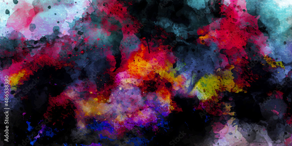 Cosmic nebula abstraction in dark colors with glow effect. Abstract watercolor background with colorful paint stains and drops. Hand drawn traditional illustration. Creative liquid wallpaper.