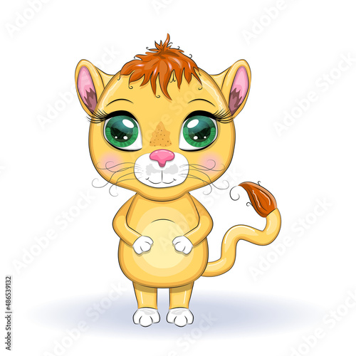Cartoon lioness with expressive eyes. Wild animals  character  childish cute style.
