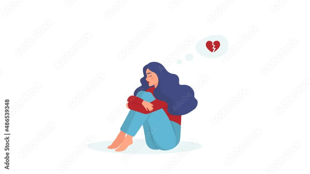 Animation on a transparent background, sad woman sits and thinks about ...