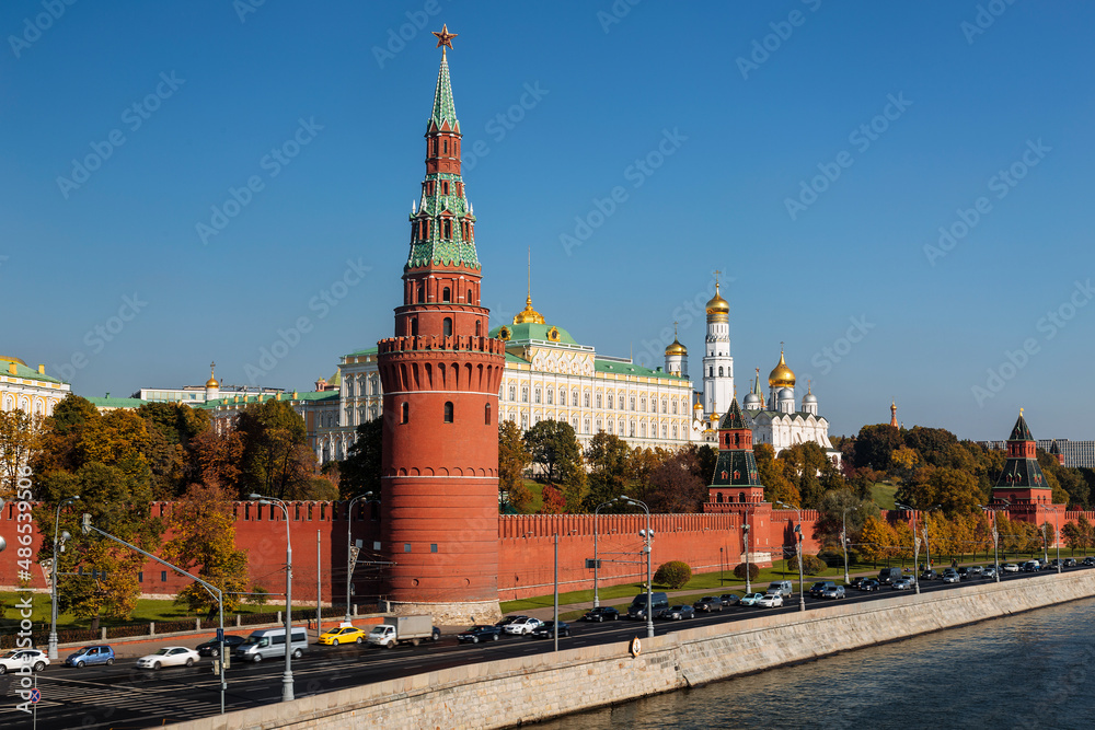 View of the Moscow Kremlin with the Vodovzvodnaya Kremlin Tower in the foreground. Moscow, Russia