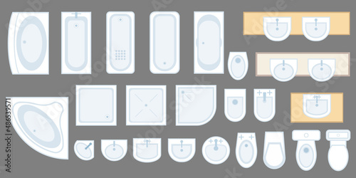 Toilet, bathroom equipment top view set for interior design. Bathroom furniture. Architectural collection. Baths, shells, toilets, bidets, urinals, showers. View from above. Vector in flat style