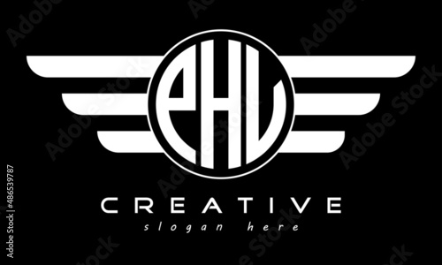 PHV three letter monogram type circle letter logo with wings vector template.