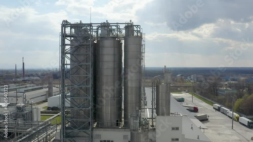 Chemical processing plant. Aerial view of Modern high-tech production. A giant chemical plant. A huge oil refinery with pipes and distillation of the complex. 