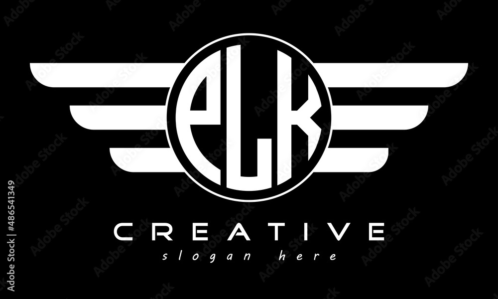PLK three letter monogram type circle letter logo with wings vector template.