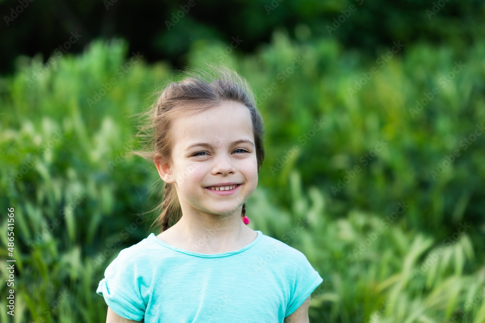 Little preschool smiling girl walking in field outdoors in summer Little preschool smiling girl walking in field outdoors in summer