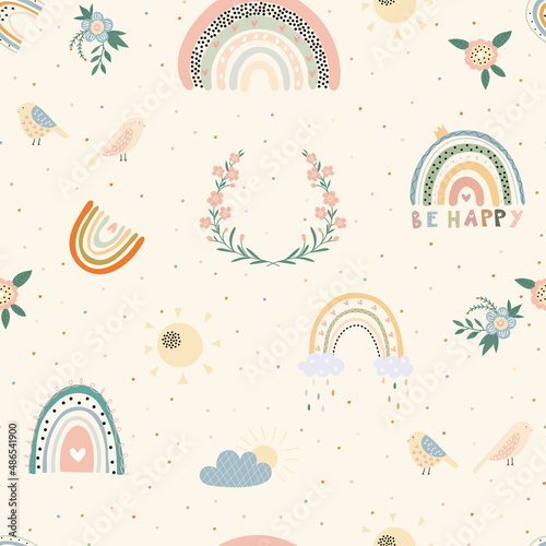 Nice baby neutral bohemian rainbows seamless pattern. Trend rainbows surface. Boho rainbows for baby shower invitations, cards, nursery room, posters, fabric.