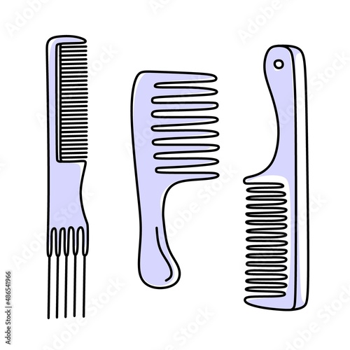 Hair care products. A set of combs. In very peri color. Vector illustration in doodle style.