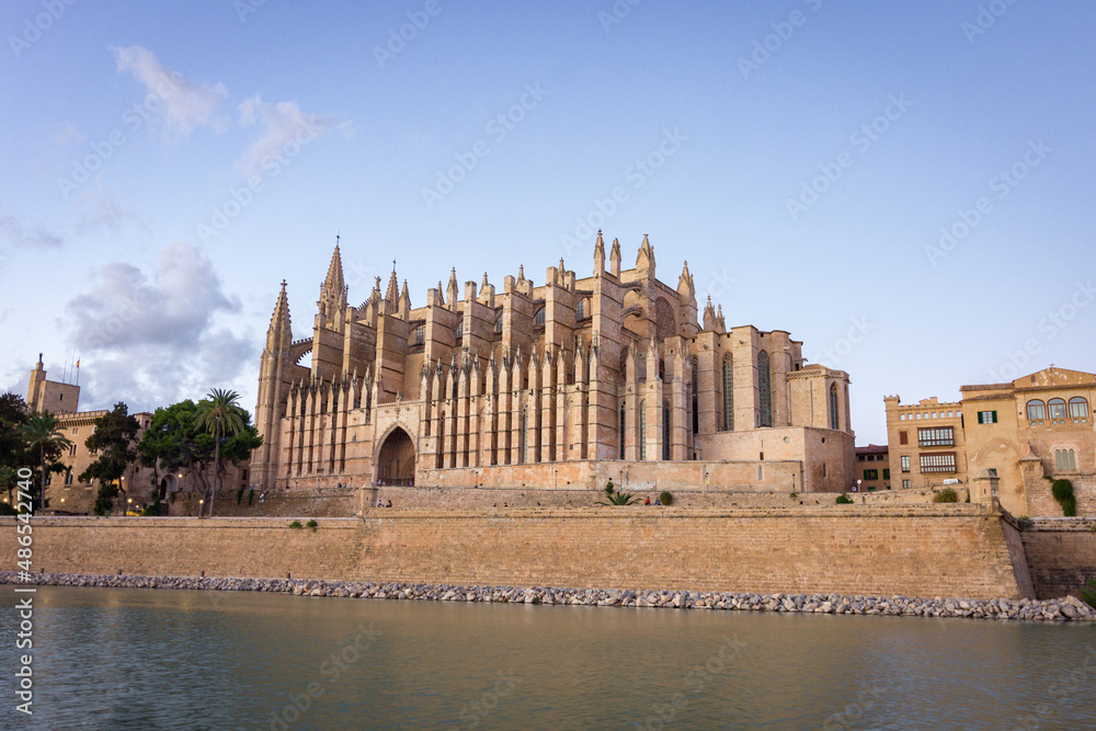 Sunset with the view of the cathedral of Mallorca (Spain)