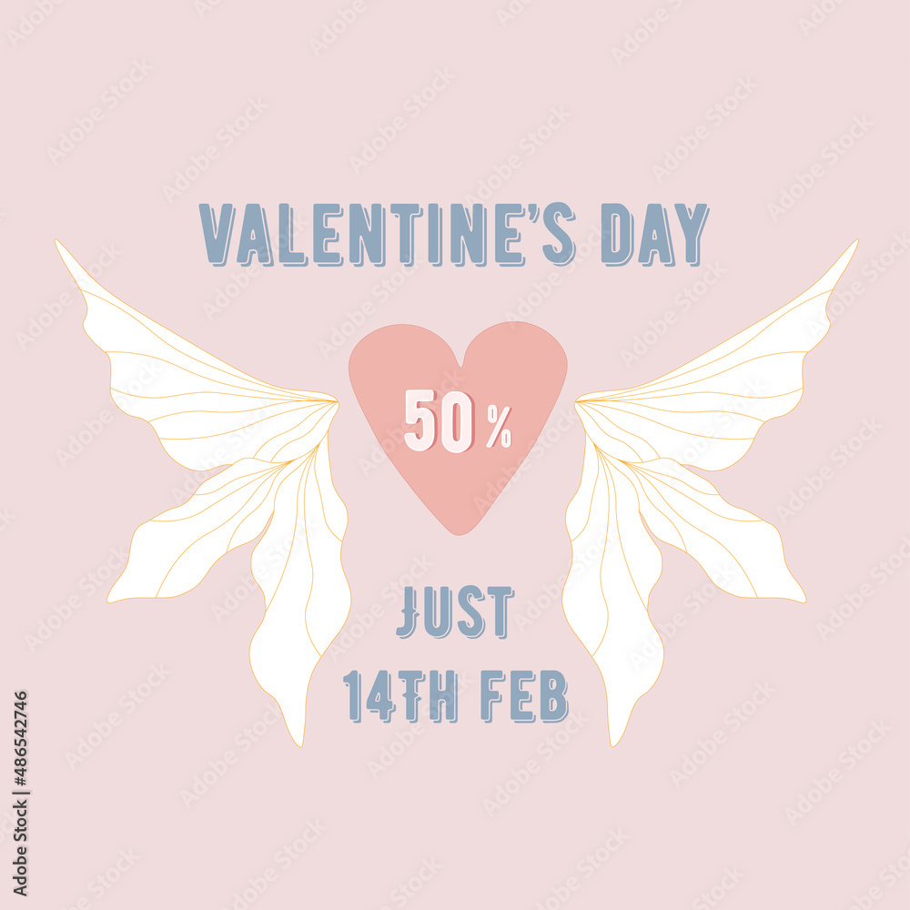 Valentine's day sale banner template with heart and wings. Vector illustration for wallpaper, flyers, posters, brochure, voucher discount and other