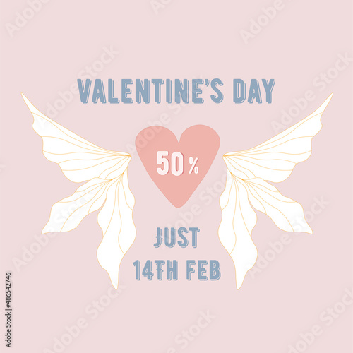 Valentine's day sale banner template with heart and wings. Vector illustration for wallpaper, flyers, posters, brochure, voucher discount and other