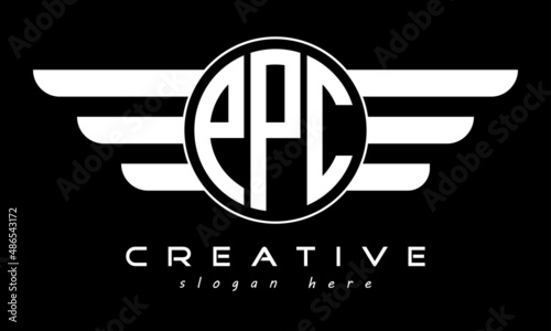 PPC three letter monogram type circle letter logo with wings vector template.
