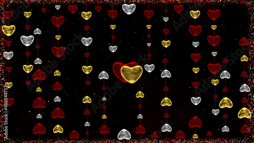Romantic 3d background with glowing hearts and shiny particles