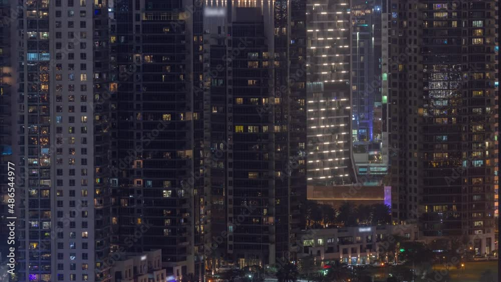 Skyscrapers at the Business Bay in Dubai aerial night timelapse, United Arab Emirates Skyscrapers at the Business Bay in Dubai aerial night timelapse, United Arab Emirates