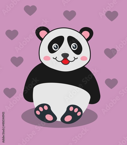 Cute young panda sitting with hearts on a coloured background