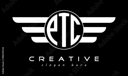 PTC three letter monogram type circle letter logo with wings vector template.