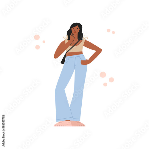 Young woman standing and thinking about some decision. Doubt, question, idea. Emotions concept. Vector illustration. Can be used in magazine, banner, social media, typographic and web design.