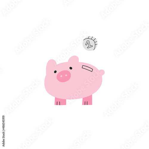 Cute vector illustration on serious theme of self budget and economy. Cost accounting, savings, analysis, finances. Piggy bank with a coin. Money for traveling, housing, mortgage, future needs.
