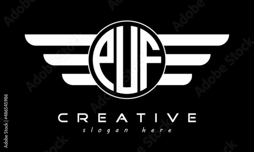PUF three letter monogram type circle letter logo with wings vector template.