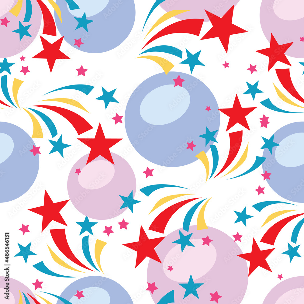 Happy Birthday. Seamless pattern fairytale fashion childrens decoration balloons, salute, fireworks. Vector image.