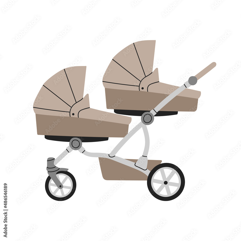 Stroller for twins where babies can sleep lying down. Baby carriage, pram, buggy. For girls and boys. Hand drawn vector illustration. Childhood, transportation, walk with child, motherhood, baby store Stroller for twins where babies can sleep lying down. Baby carriage, pram, buggy. For girls and boys. Hand drawn vector illustration. Childhood, transportation, walk with child, motherhood, baby store