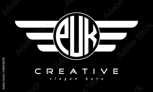 PUK three letter monogram type circle letter logo with wings vector template.