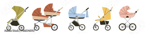 Strollers set, different types. Baby carriage, pram, buggy, stroller for twins. For girls and boys. Hand drawn vector illustration. Childhood, transportation, walk with children, motherhood, shopping photo