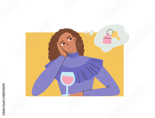 Young woman sitting at a table and dreaming of owning a home.
Purchase, apartment, house, mortgage, financial planning, fortune, investments. Vector illustration. Dreams, expectation, plans, future.