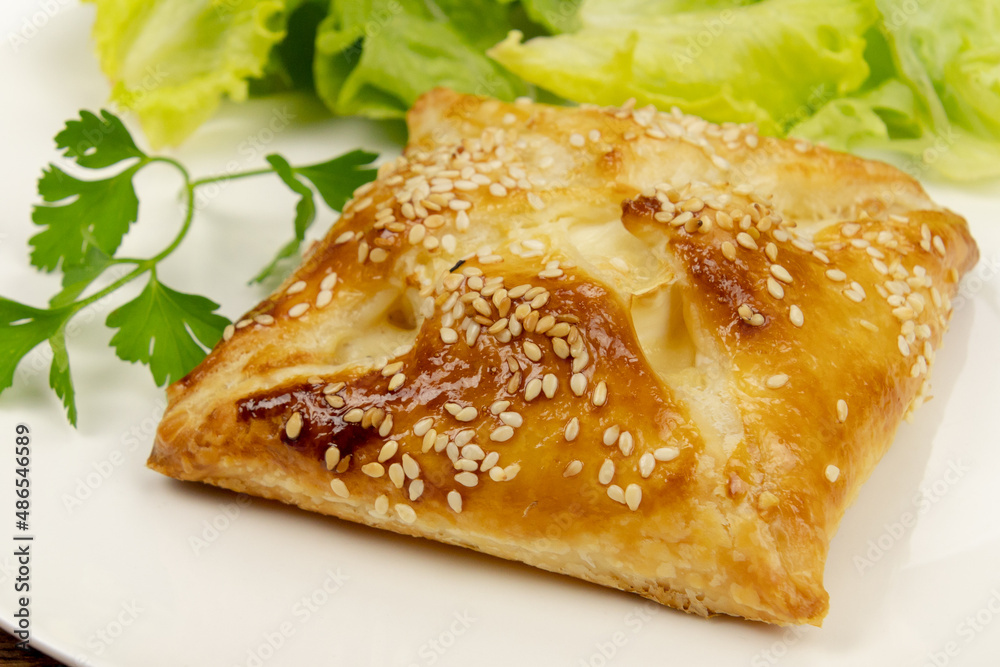puff pastry with sesame seeds in a white plate with salad puff pastry with sesame seeds in a white plate with salad