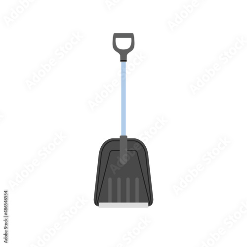 Vector illustration of a plastic shovel in a snowdrift, spade for snow. Winter snow removal and cleaning. Isolated hand drawn illustration on white background. Web, social media, banner design.