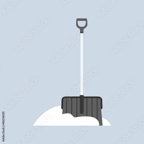 Vector illustration of a plastic shovel in a snowdrift, spade for snow. Winter snow removal and cleaning. Isolated hand drawn illustration on colorful background. Web, social media, banner design.