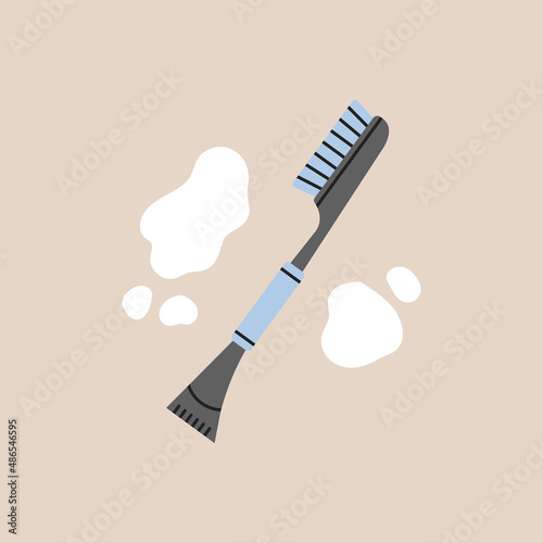 Vector illustration of snow brush and ice scraper for cars cleaning in wintertime. Snow and ice cleaning concept. Flat, hand drawn illustration isolated on colorful background. 