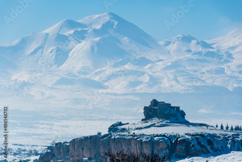 Hasan Mountain and Yuksek Church view in Aksaray Province in Turkey photo