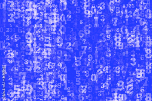 Random numbers 0 - 9. Blue Background in a matrix style. Binary code pattern with digits on screen, falling character. Abstract digital backdrop. Vector 