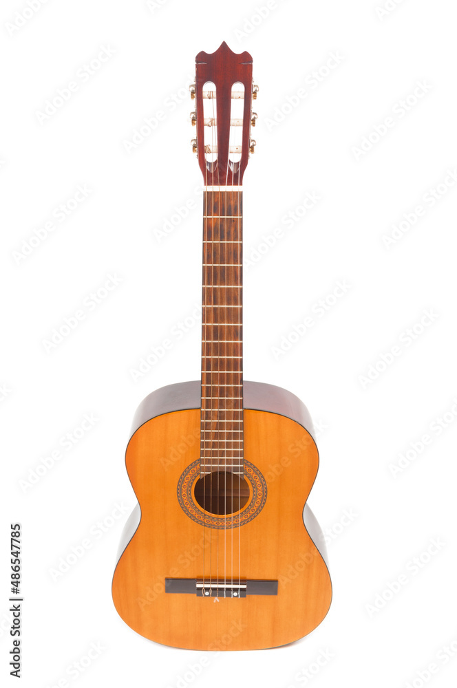 Acoustic guitar close up isolated on white background