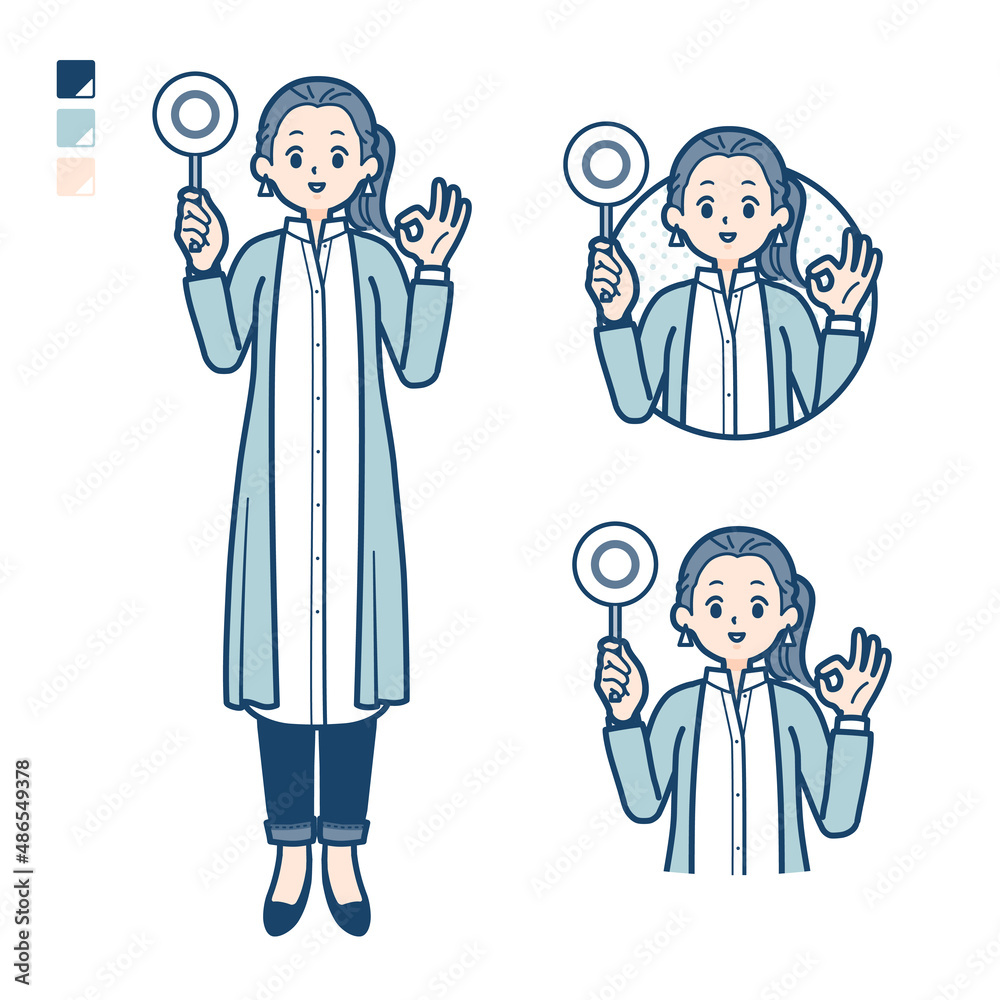 ロングシャツを着た女性がマル印パネルを出すイラスト